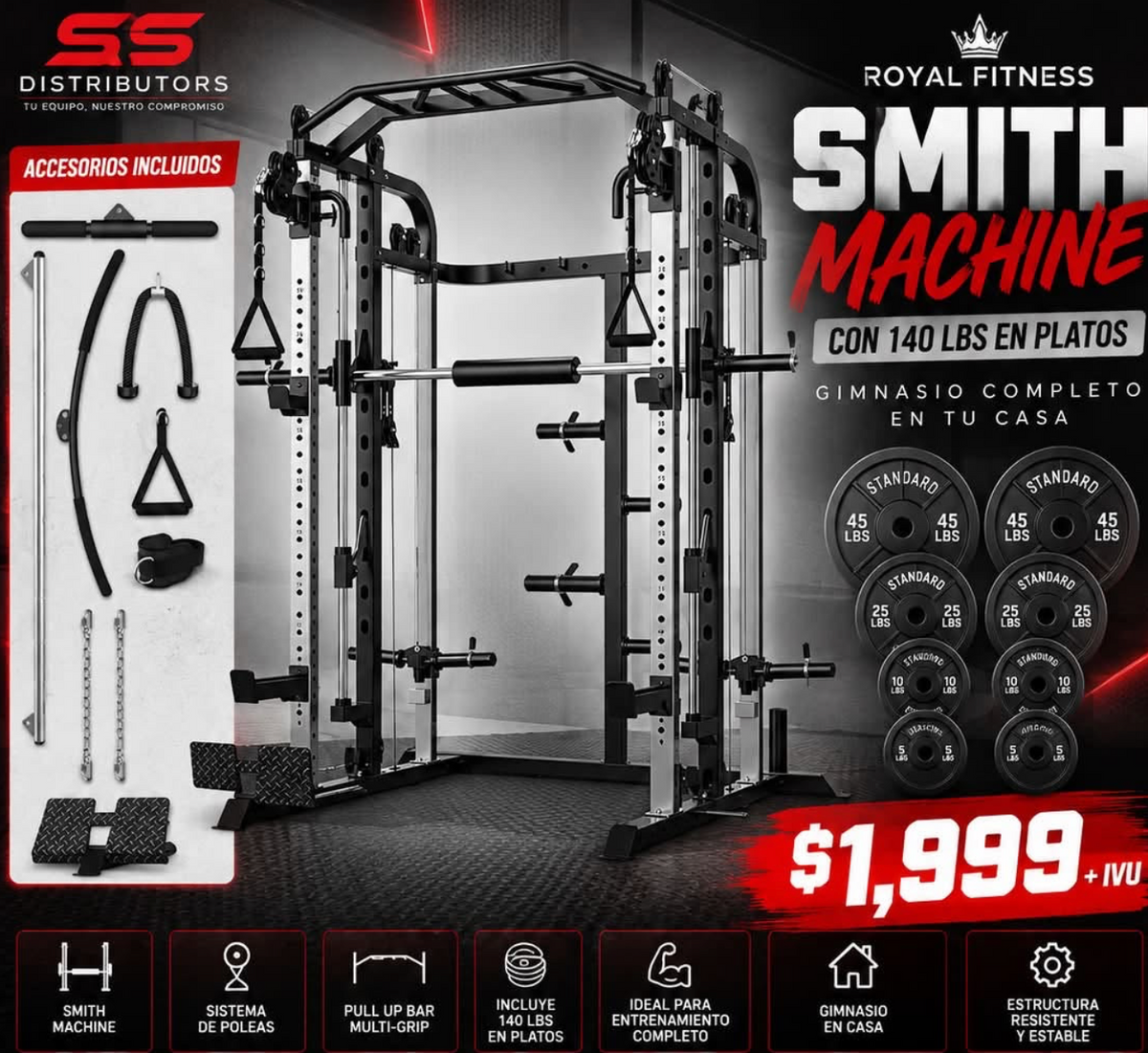 Smith Machine Royal Fitness – 140 LBS en Platos