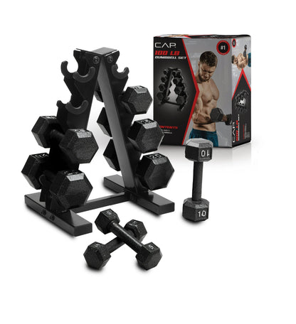Cap Juego de Pesas con Mancuernas Hexagonales de Hierro Fundido con Barra de 100 lb y Estante, Negro