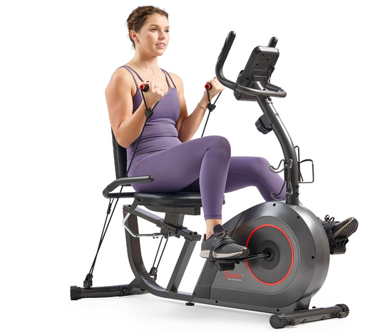 Sunny Health & Fitness Smart Recumbent Bike, Wide Cushioned Seat & Back, Indoor Cycling Machine for Adult/Seniors Home Exercise